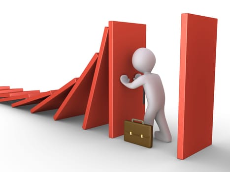 Businessman is pushing a tile to stop the domino effect