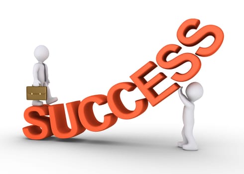 Businessman is walking on rising success letters with the help of a person