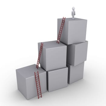 3d businessman is standing on top of blocks with ladders