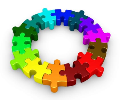 Different colored puzzle pieces are connected forming a circle