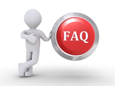 3d person is leaning on button with FAQ written on it