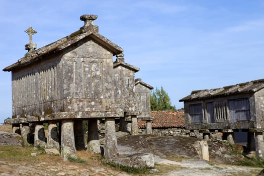 Typical stone corn driers, called Espigueiros in Lindoso, north of Portugal.