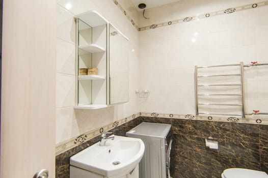 Russia, Moscow- May 07, 2018: interior room apartment. standard repair decoration in hostel. bathroom and toilet