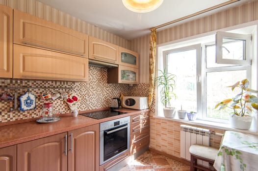 Russia, Moscow- May 07, 2018: interior room apartment. standard repair decoration in hostel. kitchen and dining room