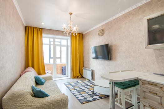 Russia, Moscow- May 07, 2018: interior room apartment. standard repair decoration in hostel. kitchen and dining room