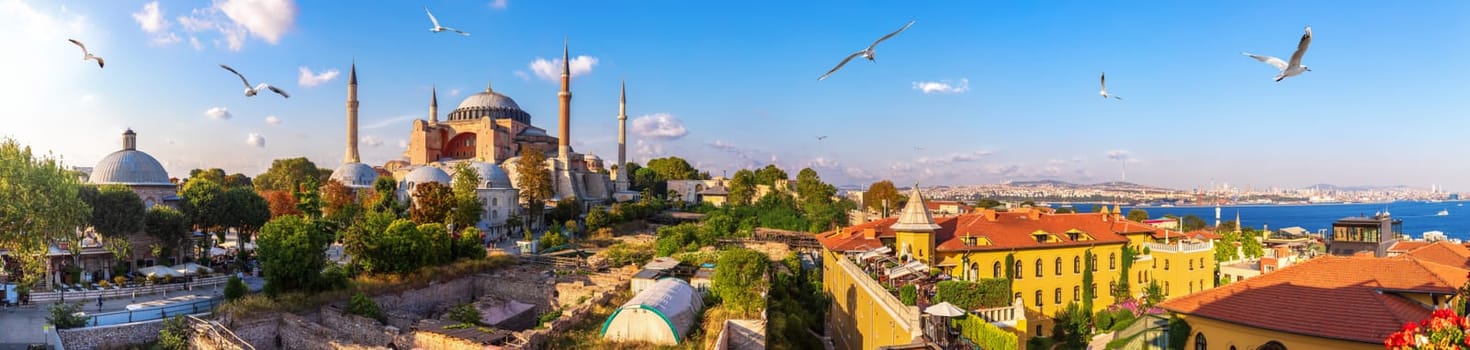 Hagia Sofia, old Turkish Hammam and the Bosphorus, beautiful Istanbul panorama.
