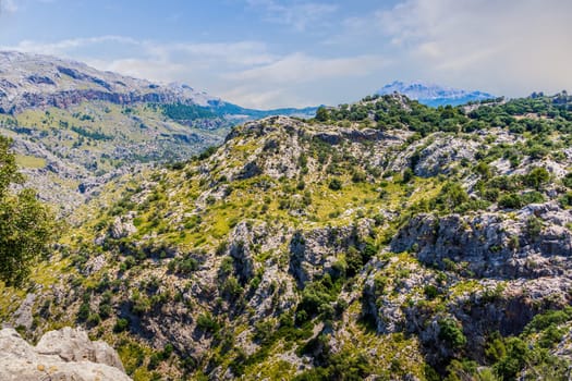 Beautiful northern coastline of Mallorca island with mountains on the coast, road trip, blue sky with nice clouds in background, Formentor, Spain