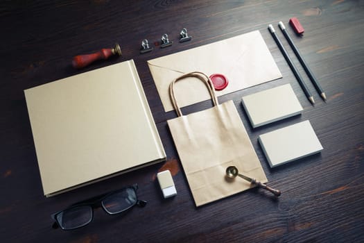 Blank business stationery on wooden background. Branding mock-up.