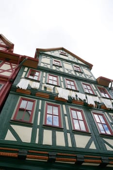 Clothesline on a half-timbered house in the historic old town of Schmalkalden in Thuringia in Germany
