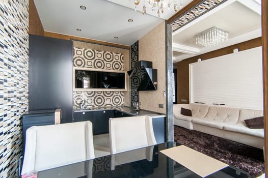 Russia, Moscow- May 12, 2018: interior room apartment. standard repair decoration in hostel. kitchen and dining room