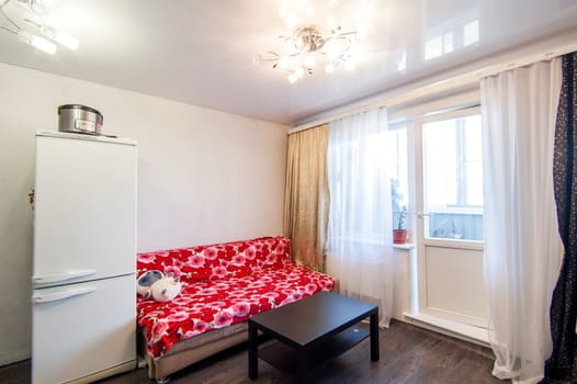 Russia, Moscow- May 12, 2018: interior room apartment. standard repair decoration in hostel. kitchen and dining room