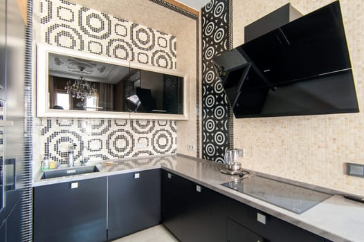 Russia, Moscow- May 12, 2018: interior room apartment. standard repair decoration in hostel. kitchen and dining room