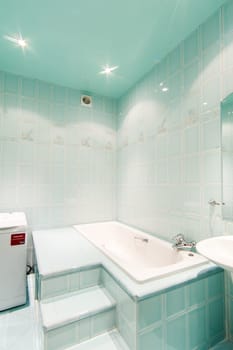 Russia, Moscow- May 12, 2018: interior room apartment. standard repair decoration in hostel. bathroom and toilet