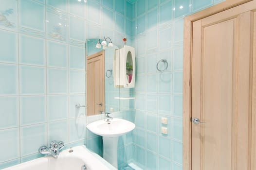 Russia, Moscow- May 12, 2018: interior room apartment. standard repair decoration in hostel. bathroom and toilet