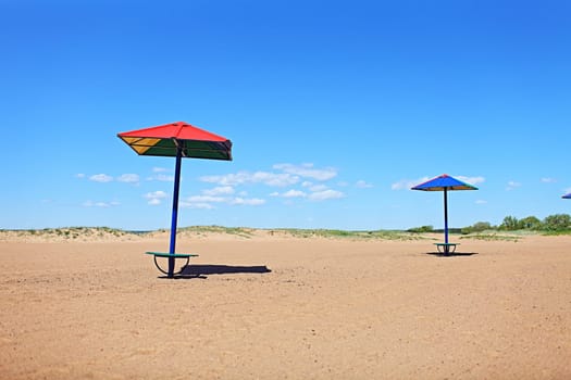 Empty beach in low season, sun umbrellas no people, hdr