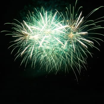 Red colorful holiday fireworks on the black sky background.