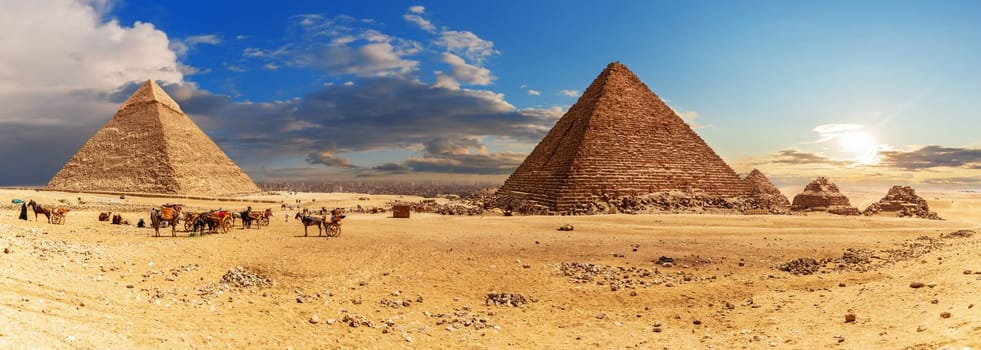 The Pyramid of Khafre and the Pyramid of Menkaure with small Pyramids, Giza complex panorama, Egypt.
