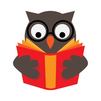 Owl with eyeglasses is reading red book, wisdom and education concept and symbol.