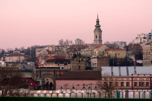 Cityscape of Belgrade city in Serbia at sunset.