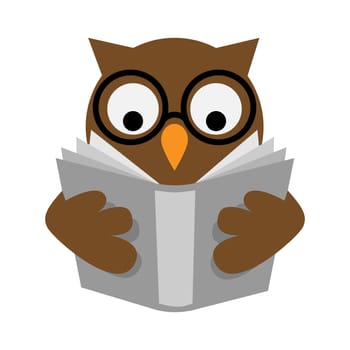 The wise brown owl with eyeglasses is reading a gray book, wisdom or education concept.
