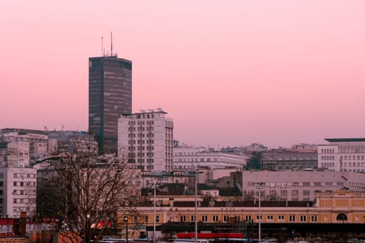 Belgrade cityscape in Serbia at sunset light.