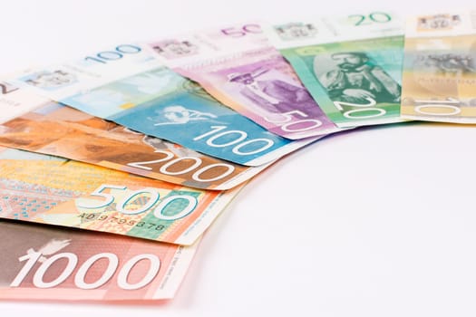 Serbian dinar banknotes paper currency on white background.