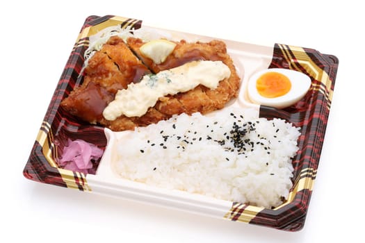 Japanese chicken bento lunch on white background