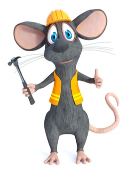 3D rendering of a cute cartoon mouse dressed as a construction woker, holding a hammer and doing a thumbs up. White background.