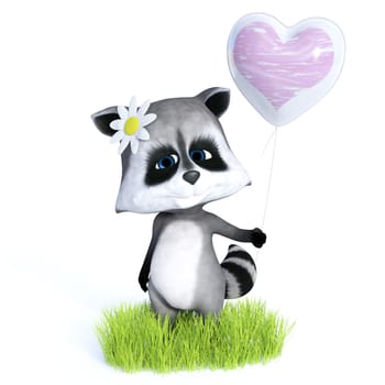 3D rendering of a cute cartoon raccoon standing and holding a heart balloon, looking very happy. White background.