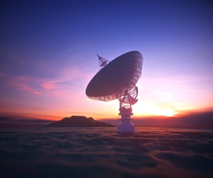 Huge satellite antenna dish for communication and signal reception out of the planet Earth. Observatory searching for radio signal in space at sunset. 3D illustration with clipping path included.