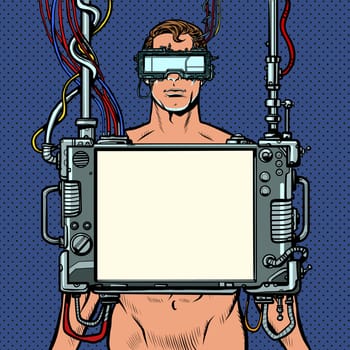 medical research. Cyberpunk naked man virtual reality concept. Pop art retro vector illustration drawing vintage kitsch