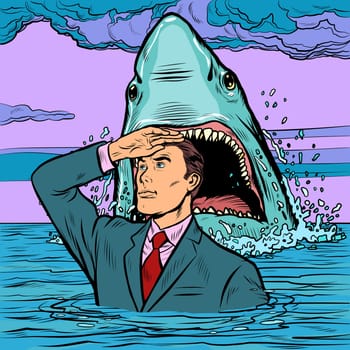 A successful businessman is not afraid of a shark attack. Calm and confidence. Pop art retro vector illustration drawing