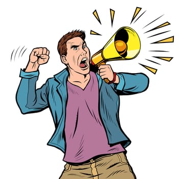 man protester with megaphone. isolate on white background. Democracy opposition freedom of speech. Pop art retro vector illustration drawing vintage kitsch