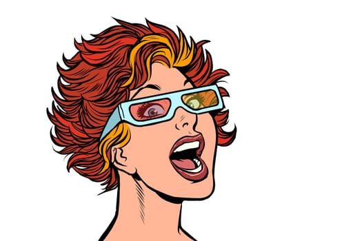 Woman in movie stereo glasses. Pop art retro vector illustration drawing
