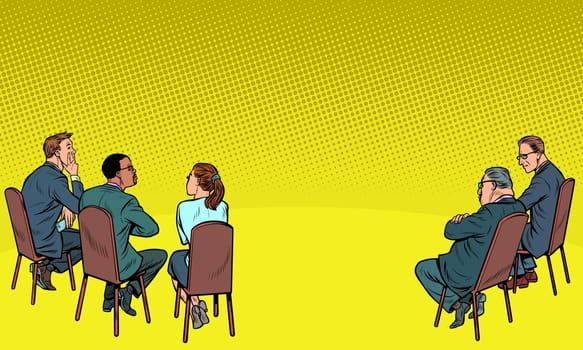 people at a business meeting. businessman and businesswoman. multi-ethnic group. Pop art retro vector illustration drawing