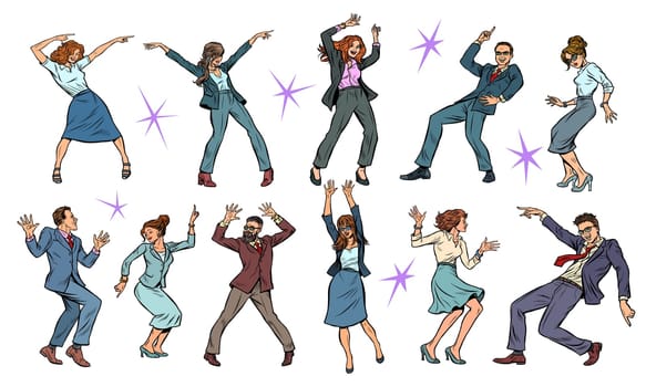 set collection of dancing business people. men and women. Pop art retro vector illustration drawing