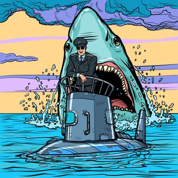 Captain of the submarine. Shark attack. Pop art retro vector illustration drawing