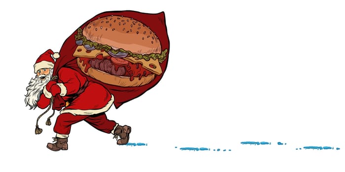 Santa with a Burger fast food. Christmas and New year. Pop art retro vector illustration kitsch vintage drawing