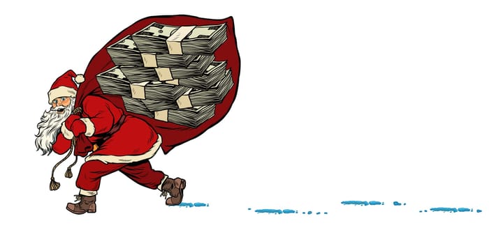 Santa with a bag of dollars money prize. Christmas and New year. Pop art retro vector illustration kitsch vintage drawing