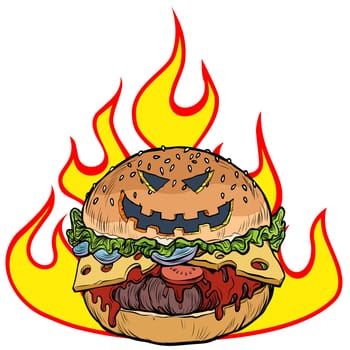 Halloween Burger in the flames of hell. Hot food. Pop art retro vector illustration kitsch vintage drawing