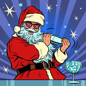 Santa Claus makes Christmas cocktail with ice for new year party. Santa Claus character merry Christmas and happy new year. Pop art retro vector illustration vintage kitsch drawing 50s 60s