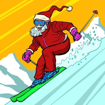 Skier day rides from the mountain Santa Claus character merry Christmas and happy new year. Pop art retro vector illustration vintage kitsch drawing 50s 60s