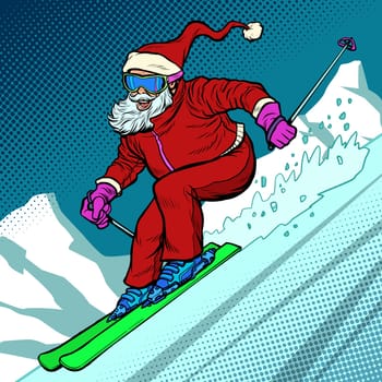 Skier evening rides down the mountain. Santa Claus character merry Christmas and happy new year. Pop art retro vector illustration vintage kitsch drawing 50s 60s