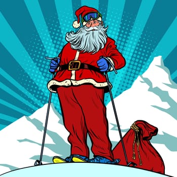 Skier in the mountains Santa Claus character merry Christmas and happy new year. Pop art retro vector illustration vintage kitsch drawing 50s 60s