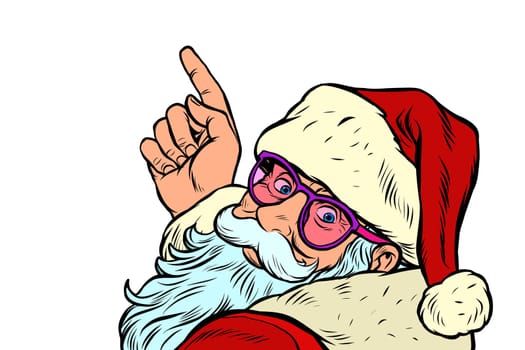 Santa Claus character is pointing merry Christmas and happy new year. Pop art retro vector illustration vintage kitsch drawing 50s 60s