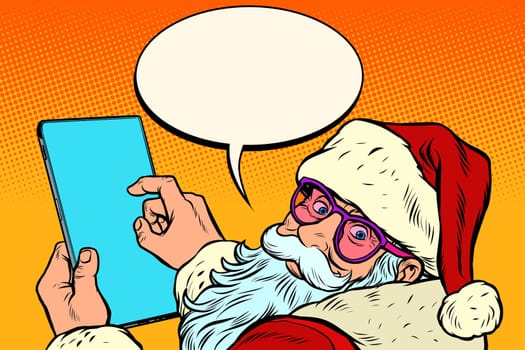 Santa Claus with a tablet. New year and Christmas online sales concept. merry Christmas and happy new year. Pop art retro vector illustration vintage kitsch drawing 50s 60s