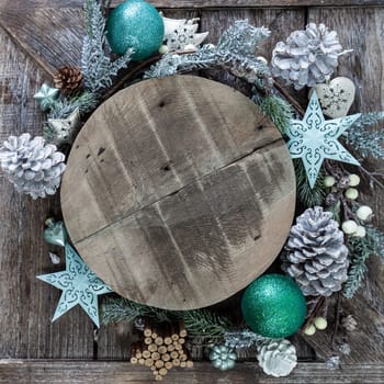 Festive decorations for a cheerful Christmas season on a wooden background