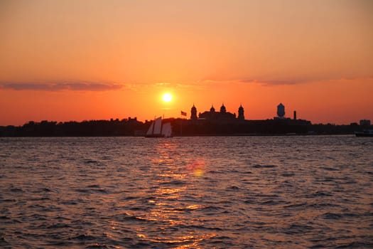 Summer sunset on Ellis Island