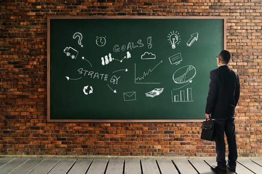 Businessman looking and thinkin  front of a chalkboard brick wall with the  development graph strategy . Business metaphor of solution concept .