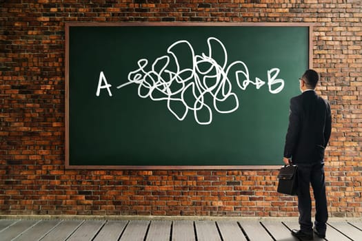 Businessman looking and thinkin  front of a chalkboard brick wall with the  complicated solution from point A to point B . Business metaphor of solution concept .